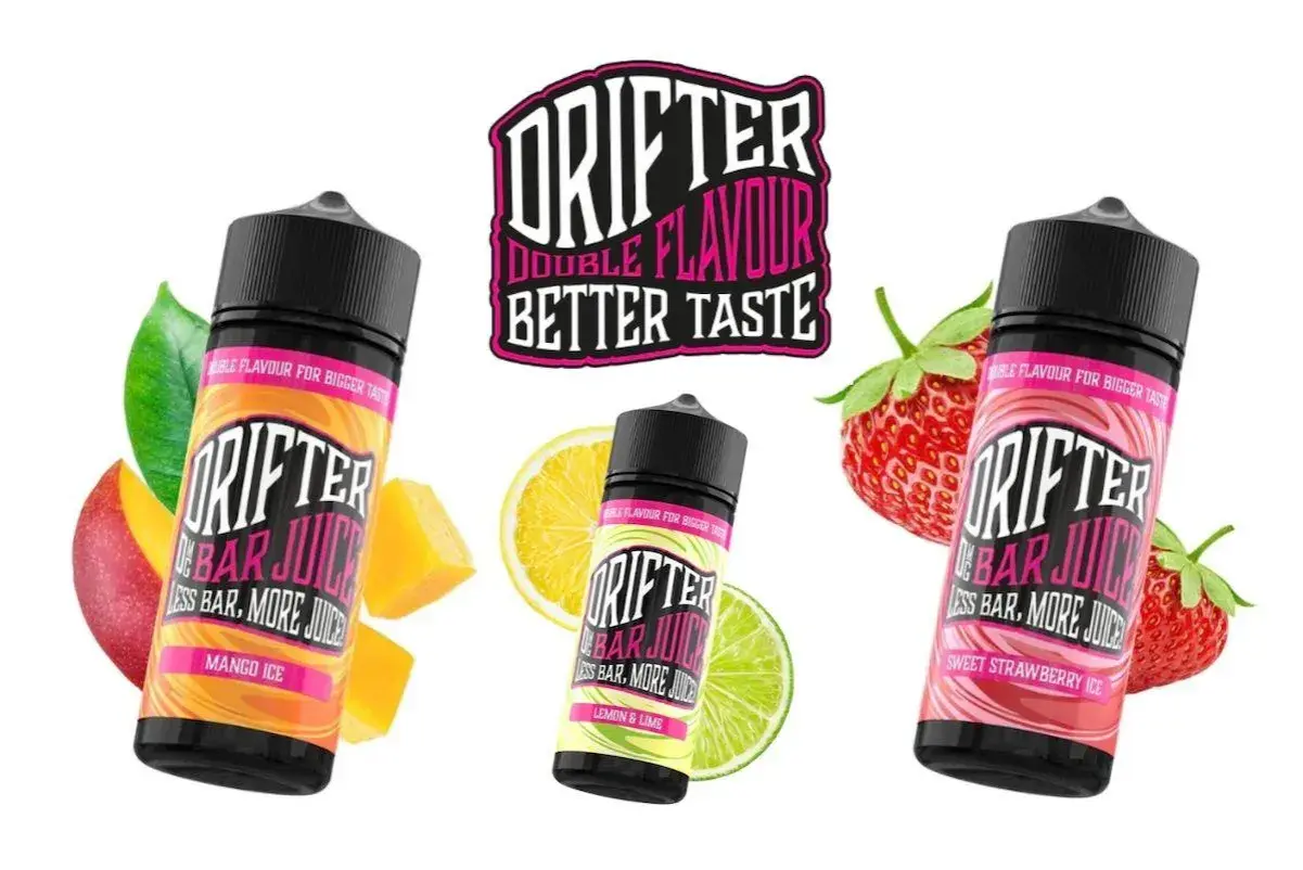 Tres botellas de jugos Drifter con sabores frutales: Mango Ice, Lemon & Lime y Sweet Strawberry Ice. ¡Disfruta de los sabores Drifter!