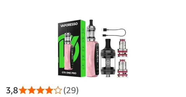 Kit Vaporesso GTX One Pro rosa, con atomizador, resistencias y cable USB.